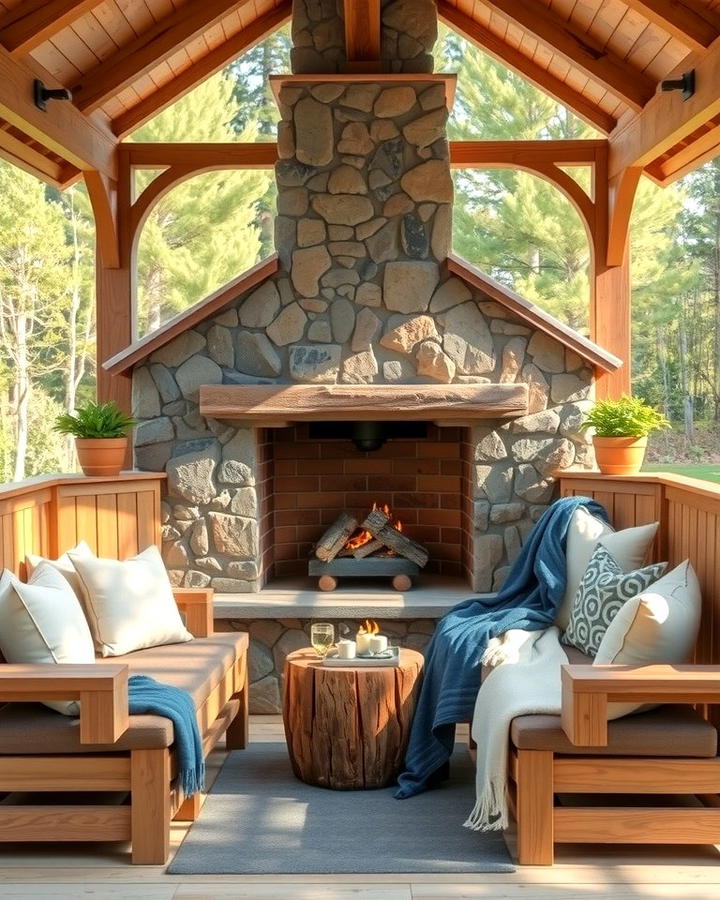 Rustic Stone Fireplace with Wooden Seating - 25 Outdoor Corner Fireplace Ideas