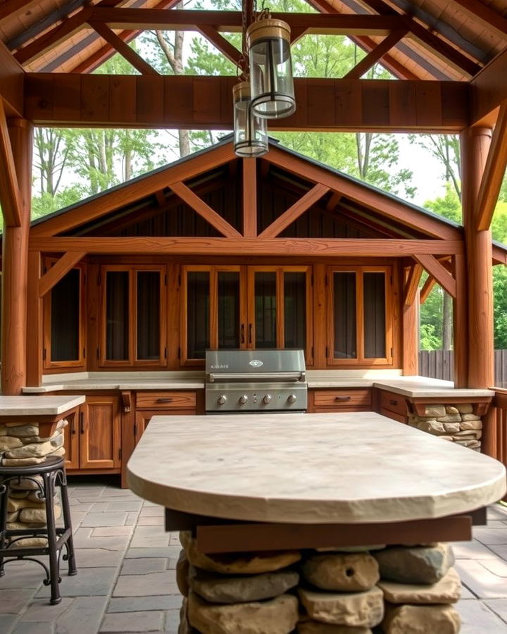 Rustic Wooden Gazebo with Stone Countertops - 30 Outdoor Kitchen with a Gazebo Ideas