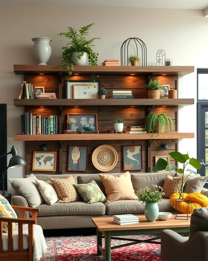 Rustic Wooden Shelves for Warmth - 30 Living Room Shelf Ideas