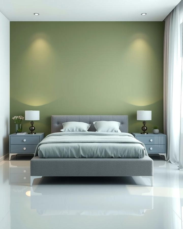 Sage Green Accent Wall with Grey Furniture - 25 Sage Green and Grey Bedroom Ideas