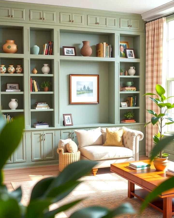 Sage Green Built In Shelves with Cream Accents - 25 sage green and cream living room ideas