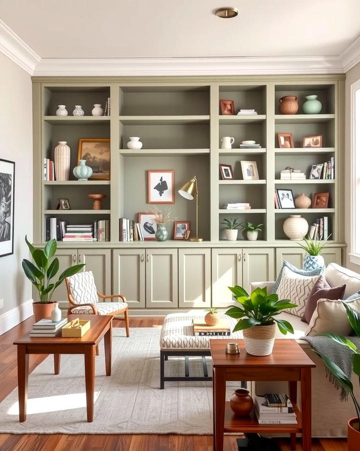 Sage Green Built In Shelves with Cream Decor - 25 sage green and cream living room ideas