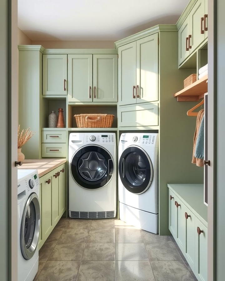 Sage Green Built in Storage Solutions - 25 Sage Green Laundry Room Ideas