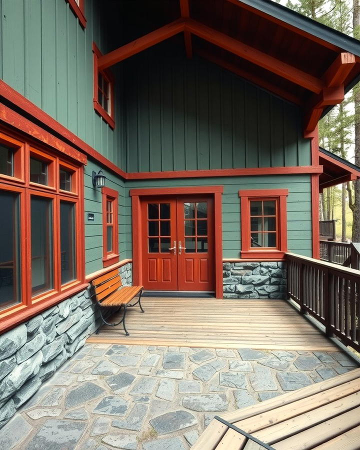 Sage Green Cabin with Burnt Umber Trim - 25 Sage Green House With Brown Trim Ideas