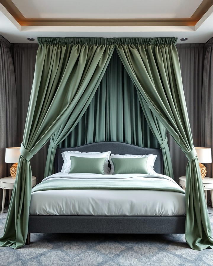 Sage Green Canopy Bed with Grey Drapes - 25 Sage Green and Grey Bedroom Ideas