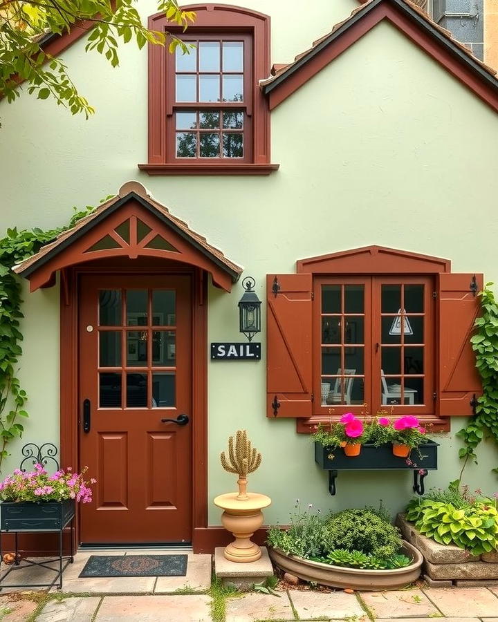 Sage Green Cottage with Coffee Brown Trim - 25 Sage Green House With Brown Trim Ideas