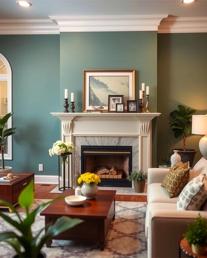 Sage Green Fireplace with Cream Mantel - 25 sage green and cream living room ideas