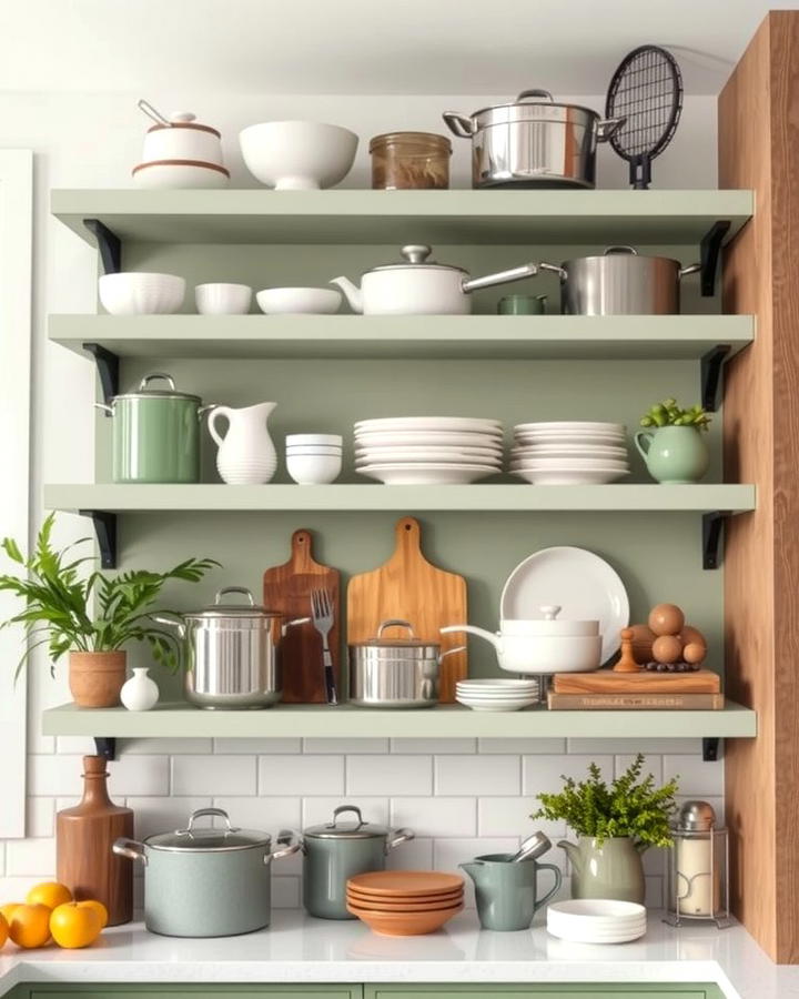 Sage Green Open Shelving for a Light Look - 25 Sage Green Kitchen Ideas