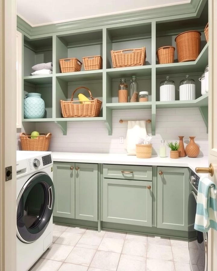 Sage Green Open Shelving - 25 Sage Green Laundry Room Ideas