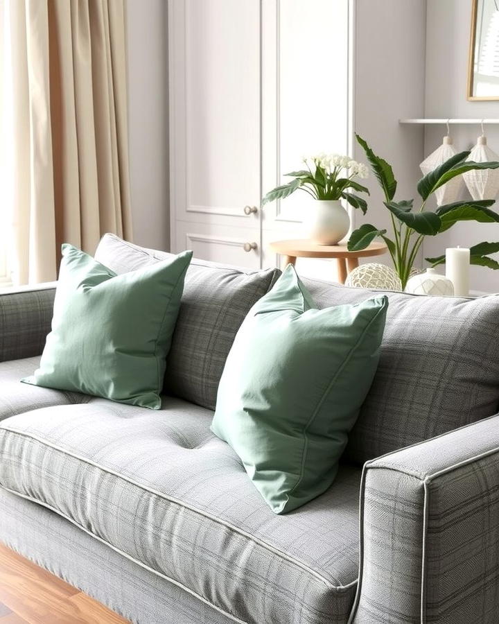 Sage Green Throw Pillows on Grey Sofa - 25 Sage Green and Grey Bedroom Ideas