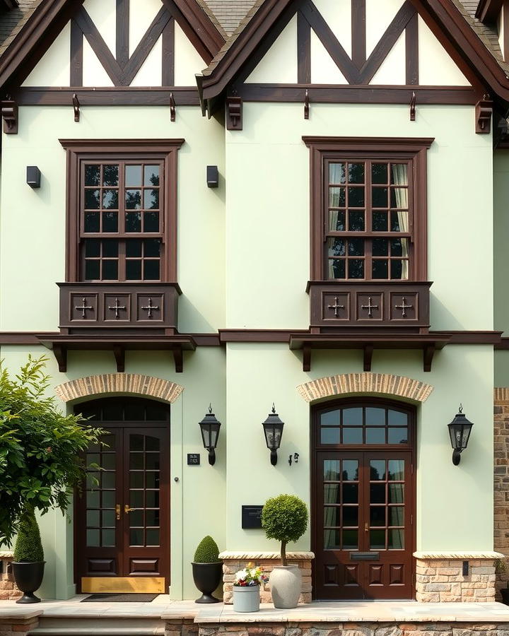 Sage Green Tudor Home with Deep Brown Accents - 25 Sage Green House With Brown Trim Ideas