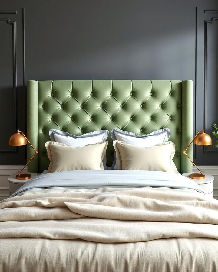 Sage Green Upholstered Headboard with Grey Walls - 25 Sage Green and Grey Bedroom Ideas