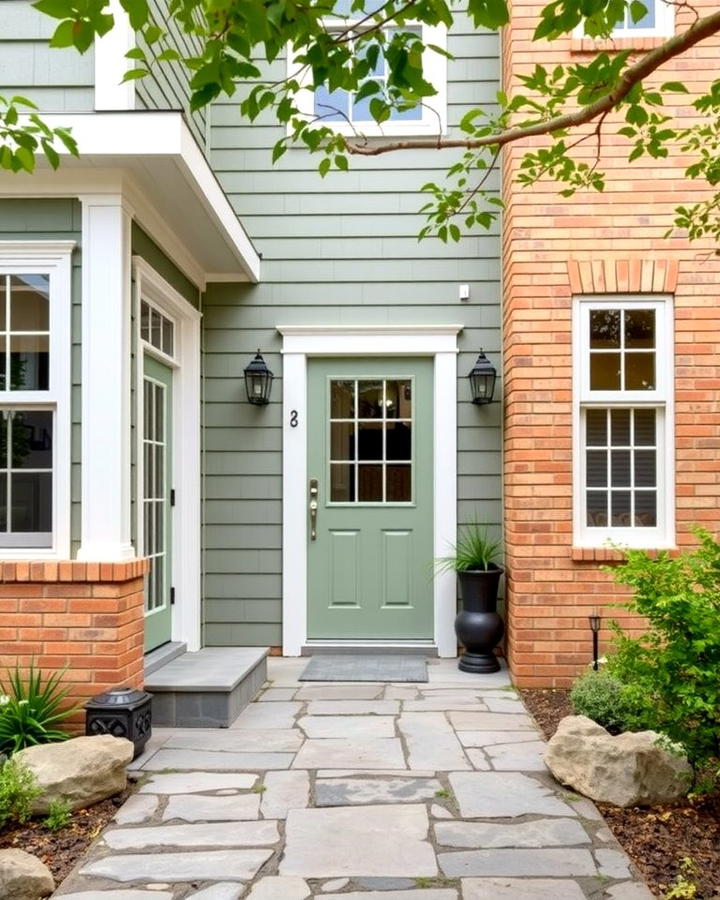 Sage Green Vinyl with Tan Brick - 25 Vinyl Siding and Brick Combinations