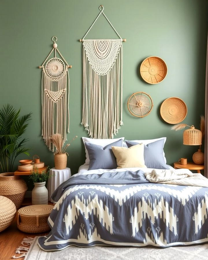 Sage Green Walls with Grey Boho Decor - 25 Sage Green and Grey Bedroom Ideas