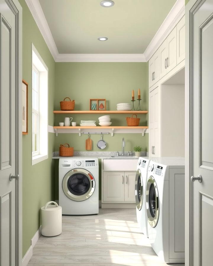 Sage Green Walls with White Trim for Contrast - 25 Sage Green Laundry Room Ideas