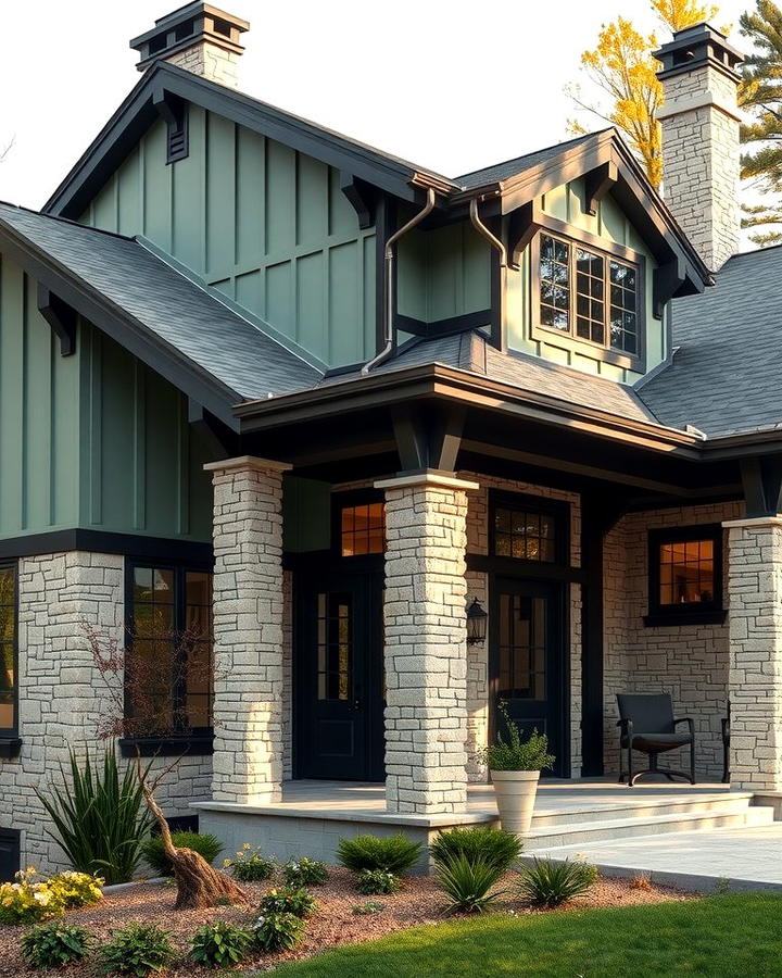 Sage Green and Black Trim with Stone Accents - 25 Sage Green House With Black Trim Ideas