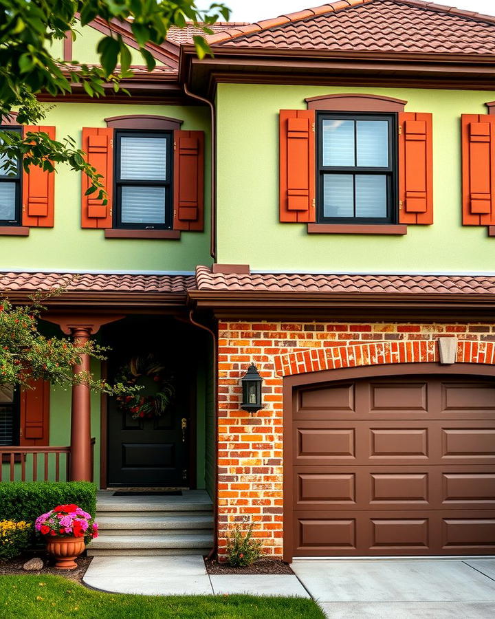 Sage Green and Brown Trim with Red Brick Accents - 25 Sage Green House With Brown Trim Ideas