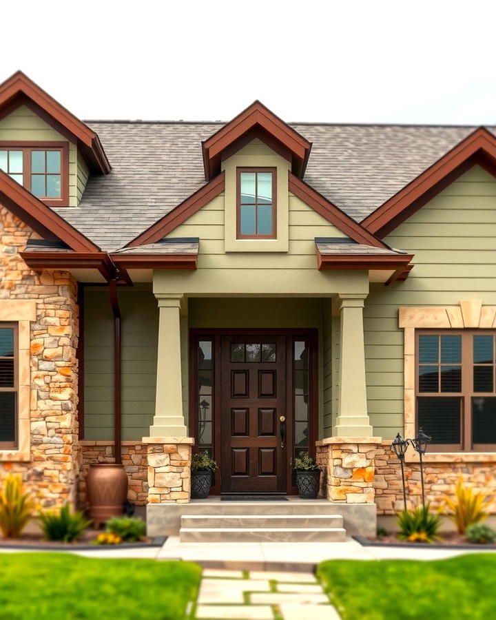 Sage Green and Brown Trim with Stone Accents - 25 Sage Green House With Brown Trim Ideas