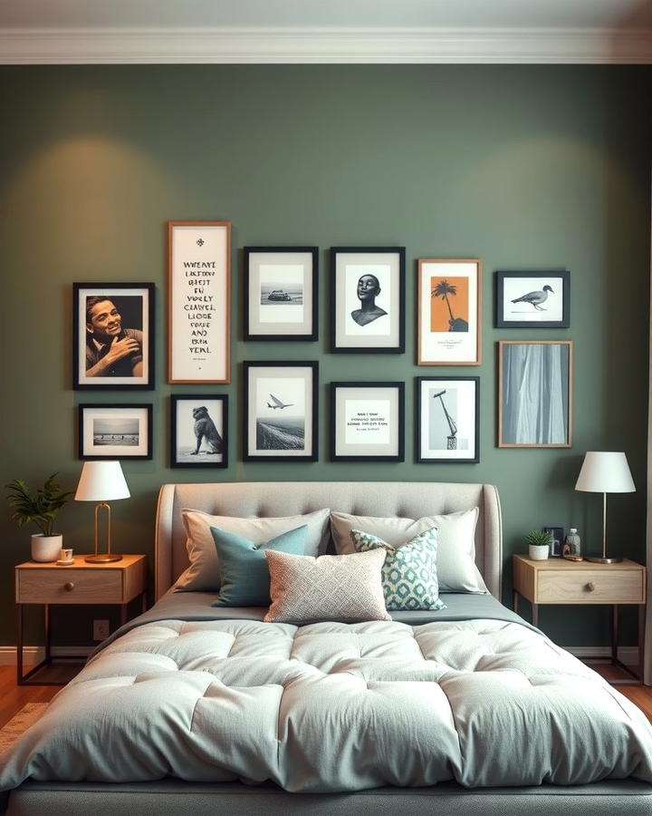 Sage Green and Grey Gallery Wall - 25 Sage Green and Grey Bedroom Ideas