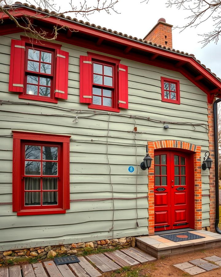 Sage Green with Brick Red Accents - 30 Exterior House Color Schemes With Sage Green Siding