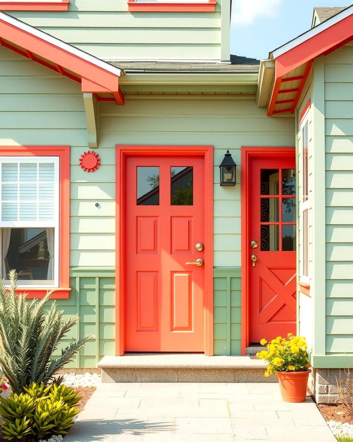 Sage Green with Bright Coral Highlights - 30 Exterior House Color Schemes With Sage Green Siding