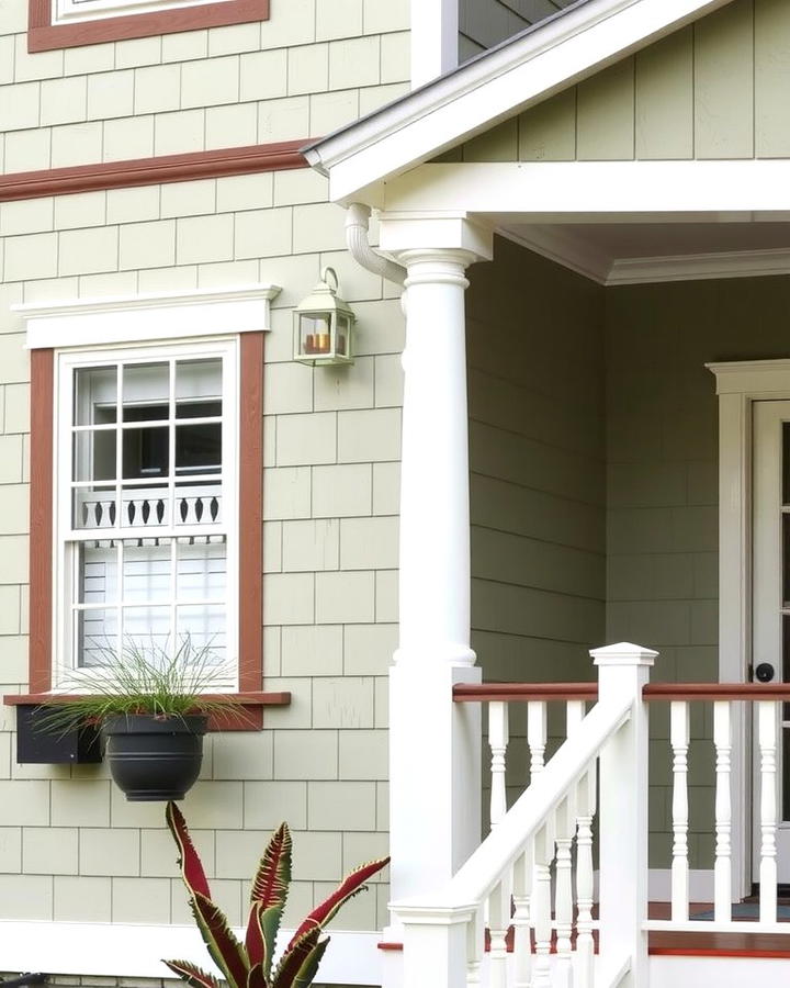 Sage Green with Brown Trim and White Accents - 25 Sage Green House With Brown Trim Ideas