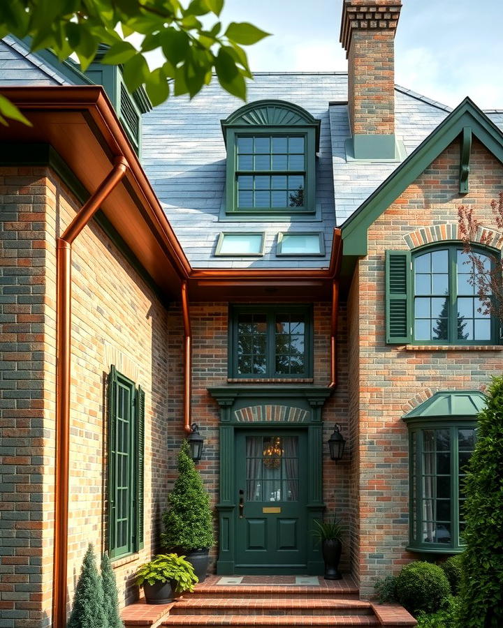 Sage Green with Copper Gutters - 25 Sage Green Painted Brick House Ideas