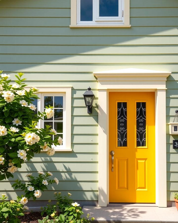 Sage Green with Mustard Yellow Doors - 30 Exterior House Color Schemes With Sage Green Siding