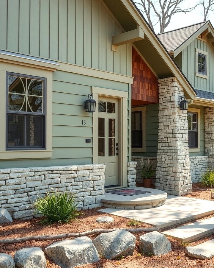 Sage Green with Stone Accents - 30 Exterior House Color Schemes With Sage Green Siding