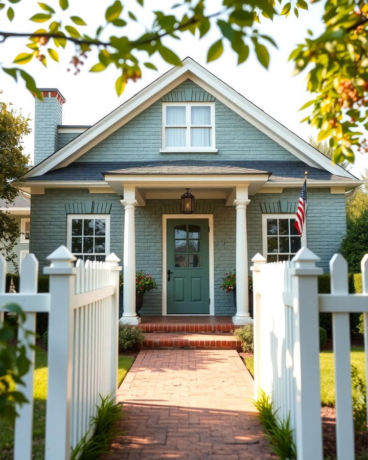 Sage Green with White Picket Fencing - 25 Sage Green Painted Brick House Ideas