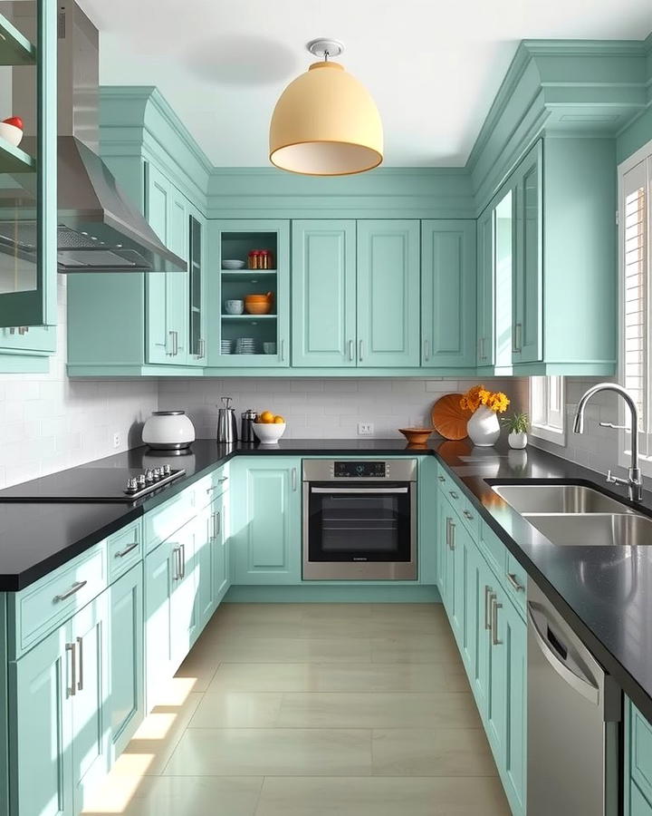 Seafoam Green Cabinets with Black Epoxy Countertops - 30 Green Kitchen Cabinets With Black Countertops