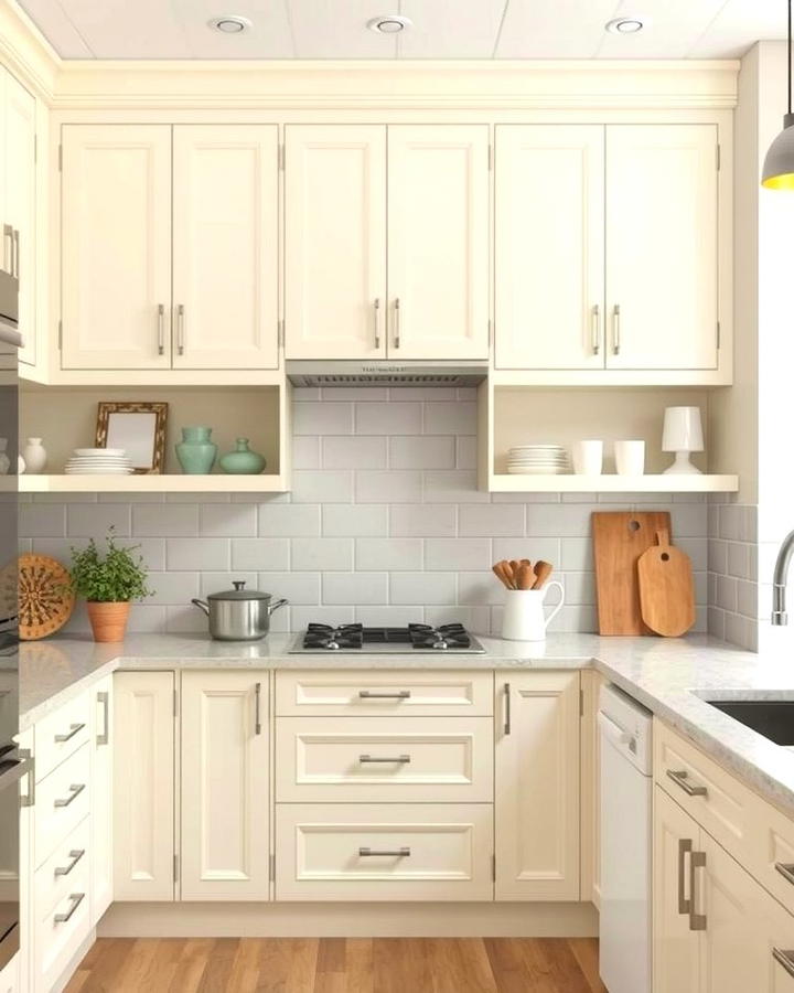 Seamless Integration with Open Shelving - 25 Off-white Kitchen Cabinets