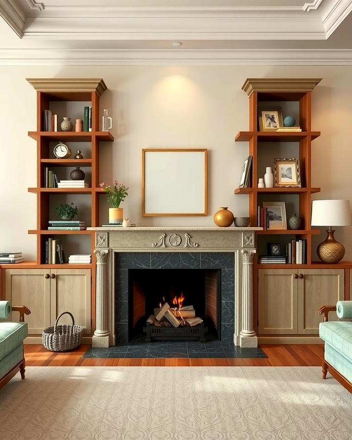 Shelves Around the Fireplace for Balance - 30 Living Room Shelf Ideas