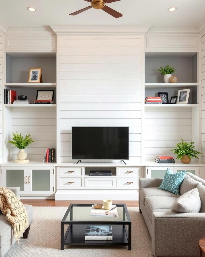 Shiplap Accent Wall with Built In Shelves - 25 Shiplap Living Room Ideas