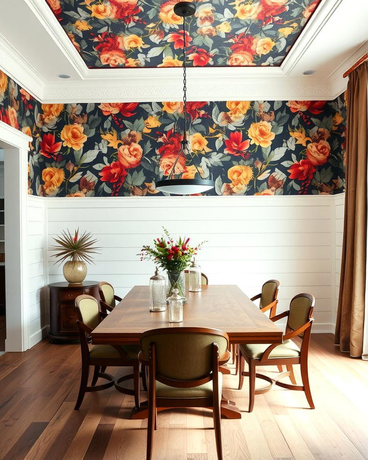 Shiplap with Bold Wallpaper Combo - 25 Shiplap Dining Room Wall Ideas