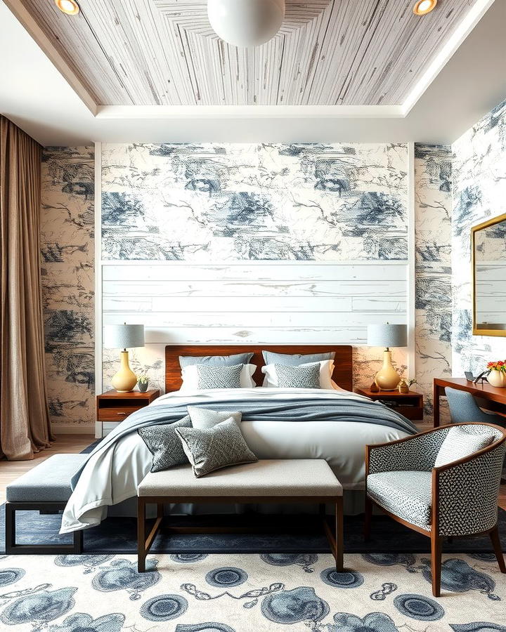 Shiplap with Wallpaper - 25 Shiplap Bedroom Ideas