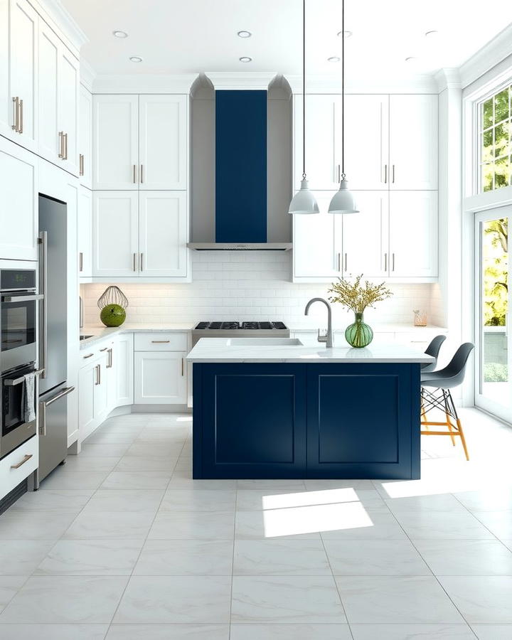 Sleek White Cabinets with a Bold Navy Blue Island - 25 White Kitchen Cabinets With Blue Island