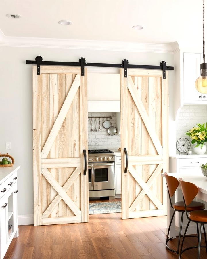 Sliding Barn Doors - 30 White Farmhouse Kitchen Ideas