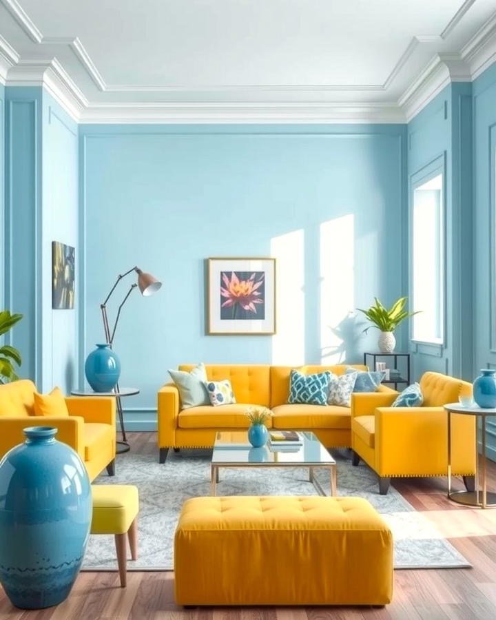 Soft Blue Walls with Yellow Furniture - 25 Yellow and Blue Living Room Ideas