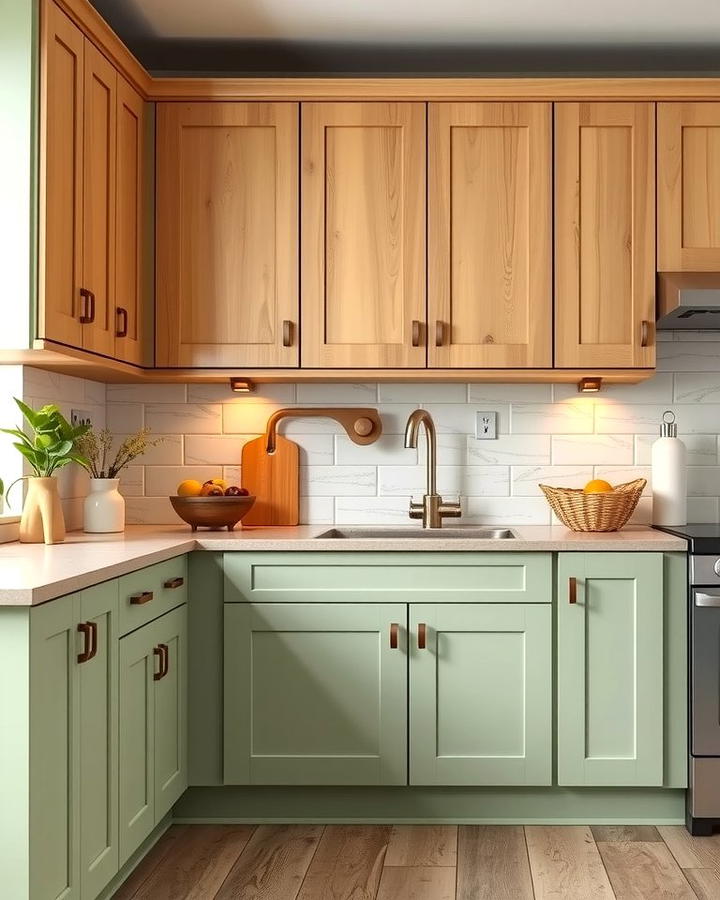 Soft Green and Natural Wood Harmony - 25 Two Tone Kitchen Cabinet Ideas