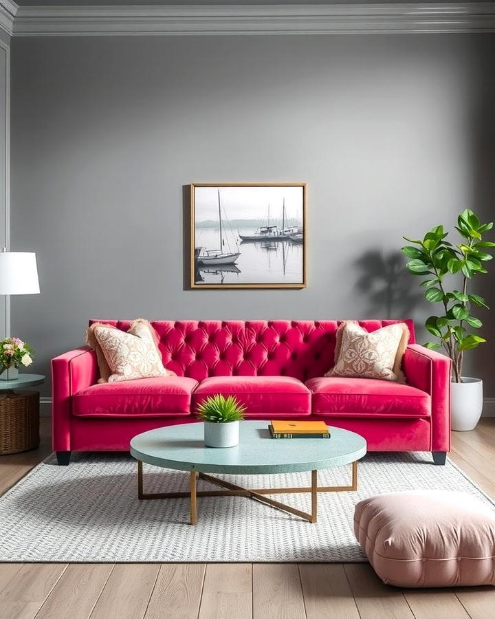 Soft Grey Walls with Pink Velvet Sofa - 25 Pink and Grey Living Room Ideas