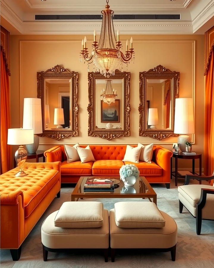 Sophisticated Glam with Gold Accents - 25 Orange Couch Living Room Ideas