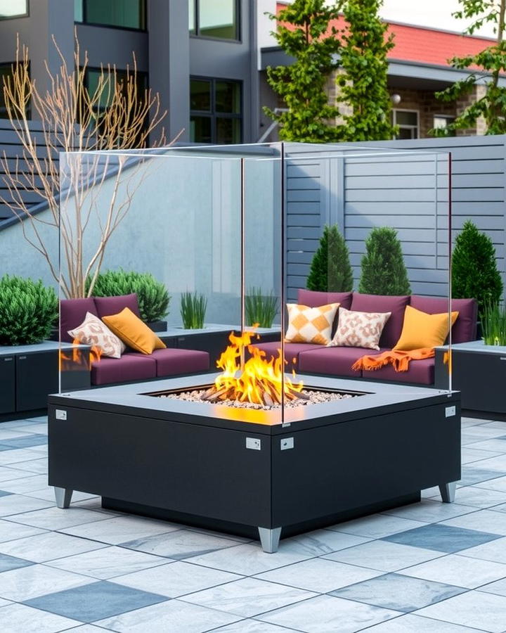 Square Fire Pit with Glass Windscreen - 25 Wood Burning Fire Pit Ideas