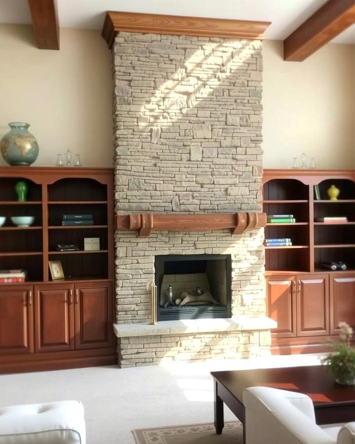 Stacked Stone Fireplace with Built In Shelving - 25 Stacked Stone Fireplace Ideas