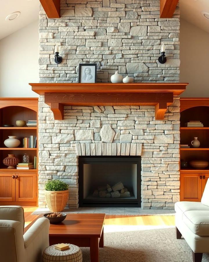 Stacked Stone Fireplace with a Wooden Mantel - 25 Stacked Stone Fireplace Ideas