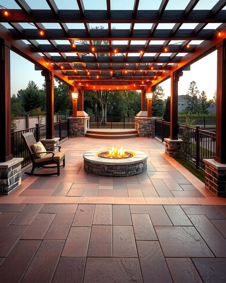 Stamped Concrete Patio with Fire Pit and Pergola - 25 Stamped Concrete Patio With Fire Pit Ideas