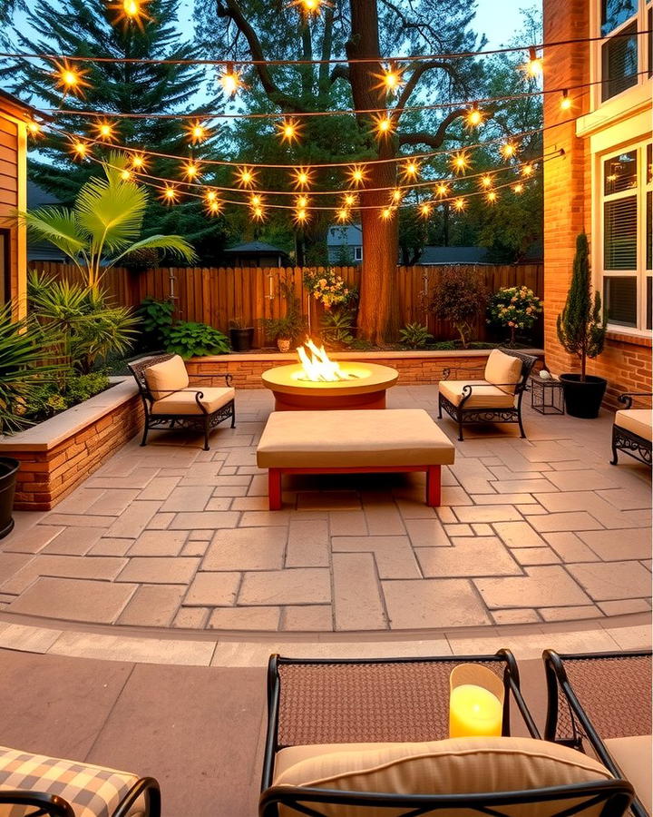 Stamped Concrete Patio with Fire Pit and String Lights - 25 Stamped Concrete Patio With Fire Pit Ideas