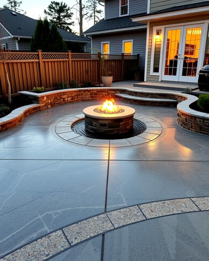 Stamped Concrete Patio with Fire Pit and Water Features - 25 Stamped Concrete Patio With Fire Pit Ideas