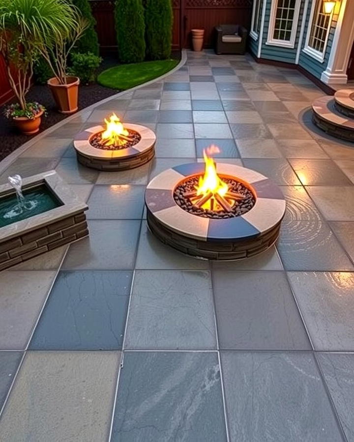 Stamped Concrete Patio with Water and Fire Elements - 25 Stamped Concrete Patio With Fire Pit Ideas