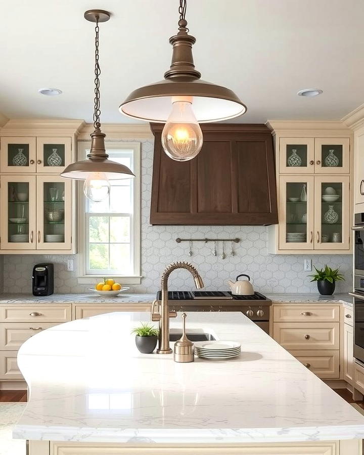 Statement Lighting Fixtures Above the Island - 25 Transitional Kitchen Ideas